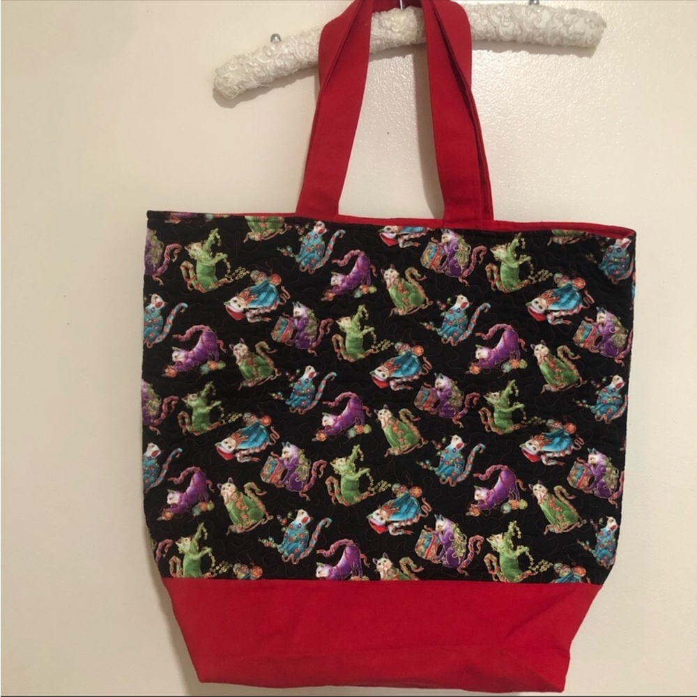 Beautiful large holiday Tote Bag With cats with Gift Boxes And Christmas Lights.